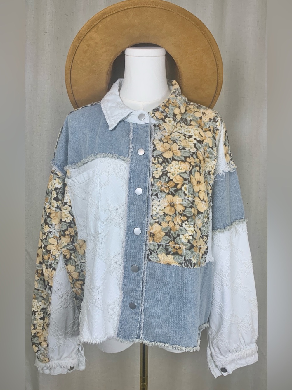 POL Patchwork Floral & Denim Button-Front Shirt Jacket
